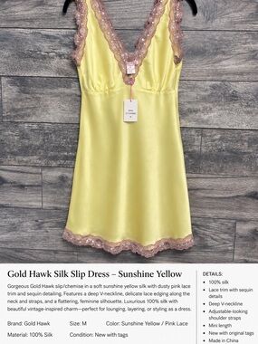 Gold Hawk 100% Silk Yellow Lace Sequin Slip Dress NWT M